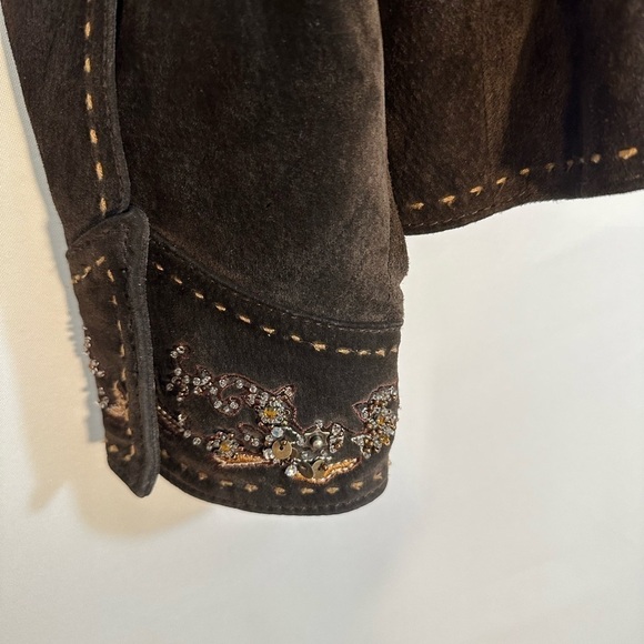 Coldwater Creek Brown Leather Suede Embroidered Beaded Sequins Jacket Lined PM - Picture 7 of 10